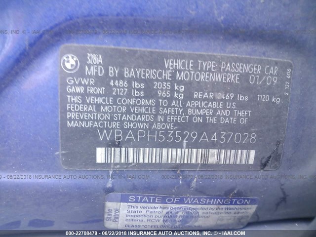 WBAPH53529A437028 - 2009 BMW 328 I SULEV BLUE photo 9