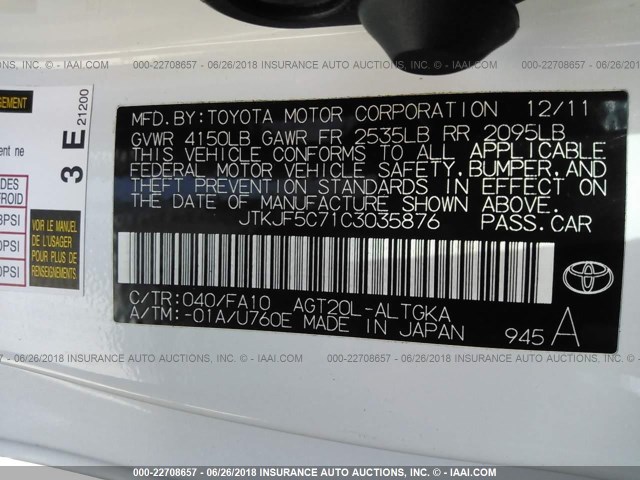 JTKJF5C71C3035876 - 2012 TOYOTA SCION TC 白色 照片 9