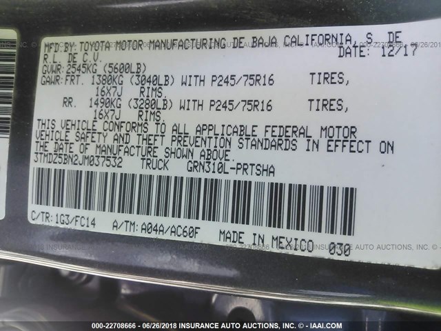 3TMDZ5BN2JM037532 - 2018 TOYOTA TACOMA DBL CAB/SR5/TRD SPORT/OR GRAY photo 9