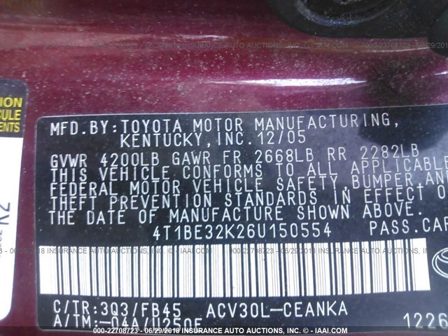 4T1BE32K26U150554 - 2006 TOYOTA CAMRY LE/XLE/SE მუქწითელი ფოტო 9