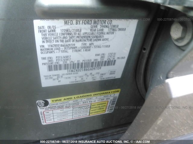 1FMZK02186GA09709 - 2006 FORD FREESTYLE SEL GREEN photo 9