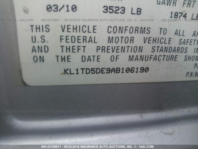 KL1TD5DE9AB106190 - 2010 CHEVROLET AVEO LS/LT 银色 照片 9