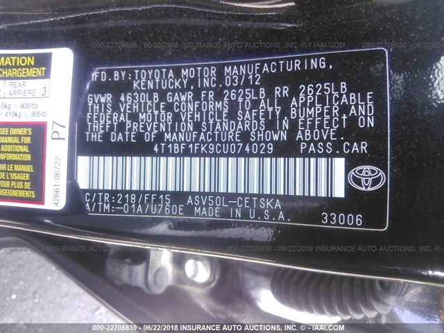 4T1BF1FK9CU074029 - 2012 TOYOTA CAMRY SE/LE/XLE BLACK photo 9