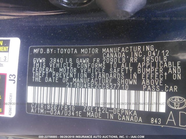 2T1BU4EE2CC837710 - 2012 TOYOTA COROLLA S/LE BLUE photo 9