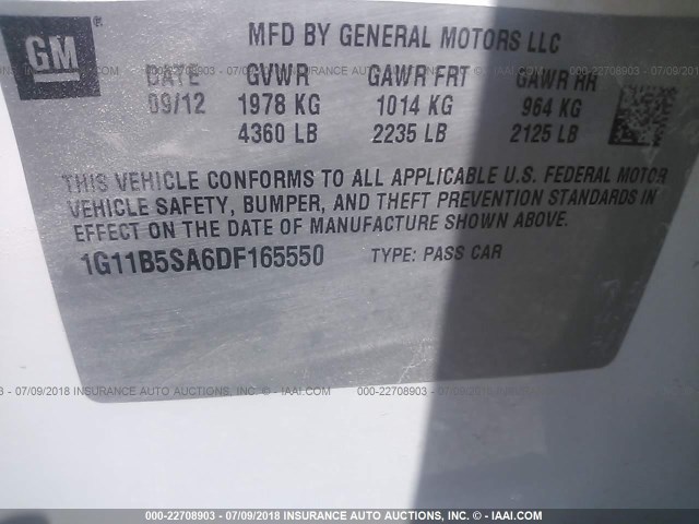 1G11B5SA6DF165550 - 2013 CHEVROLET MALIBU LS თეთრი ფოტო 9