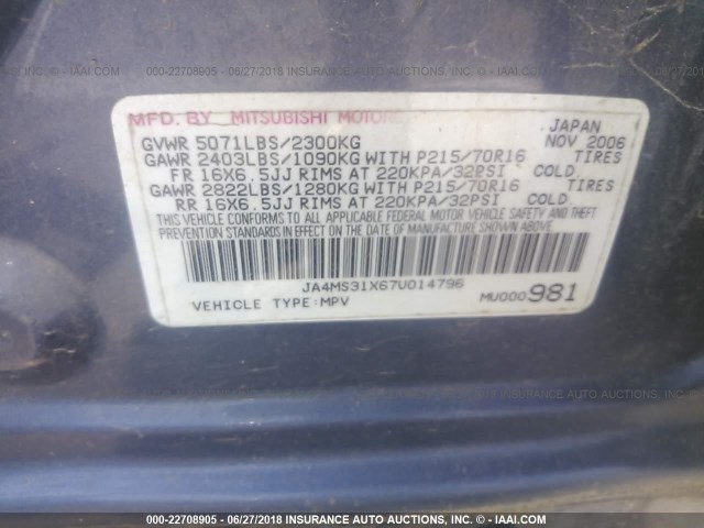 JA4MS31X67U014796 - 2007 MITSUBISHI OUTLANDER ES/LS Mavi foto 9