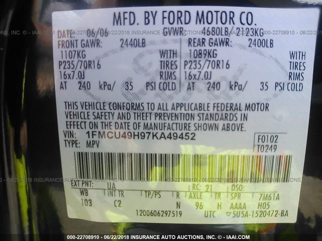 1FMCU49H97KA49452 - 2007 FORD ESCAPE HEV BLACK photo 9