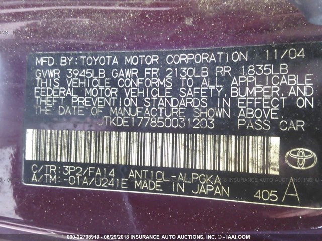 JTKDE177850031203 - 2005 TOYOTA SCION TC 勃艮第红 照片 9