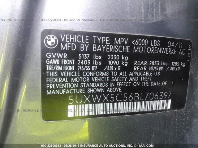 5UXWX5C56BL706397 - 2011 BMW X3 XDRIVE28I GRAY photo 9