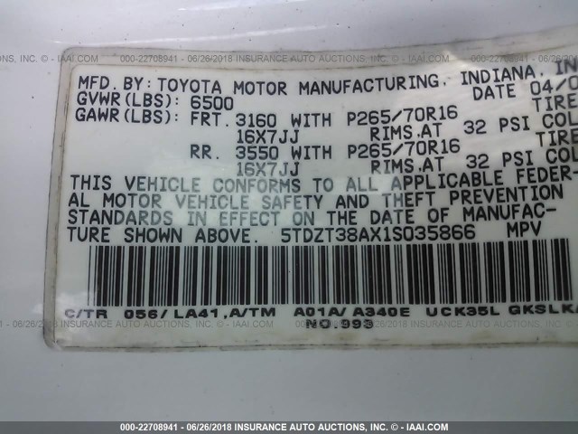 5TDZT38AX1S035866 - 2001 TOYOTA SEQUOIA LIMITED WHITE photo 9