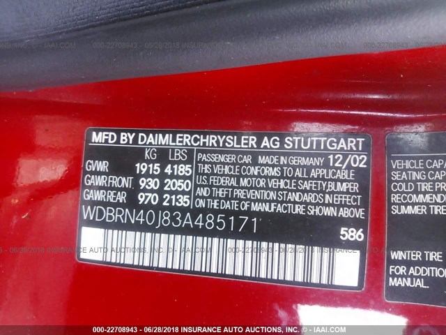 WDBRN40J83A485171 - 2003 MERCEDES-BENZ C 230K SPORT COUPE RED photo 9