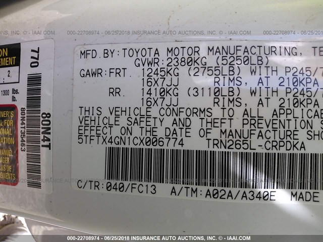 5TFTX4GN1CX006774 - 2012 TOYOTA TACOMA PRERUNNER ACCESS CAB WHITE photo 9