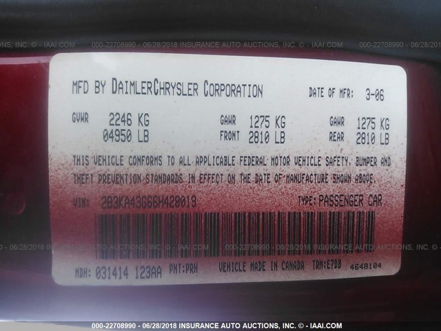 2B3KA43G66H428019 - 2006 DODGE CHARGER SE/SXT RED photo 9