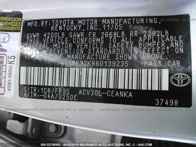 4T1BE32K86U139235 - 2006 TOYOTA CAMRY LE/XLE/SE 银色 照片 9