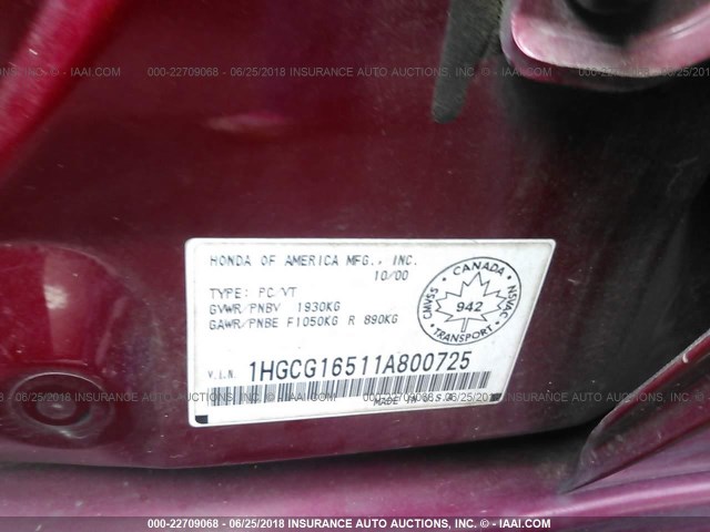 1HGCG16511A800725 - 2001 HONDA ACCORD EX მუქწითელი ფოტო 9