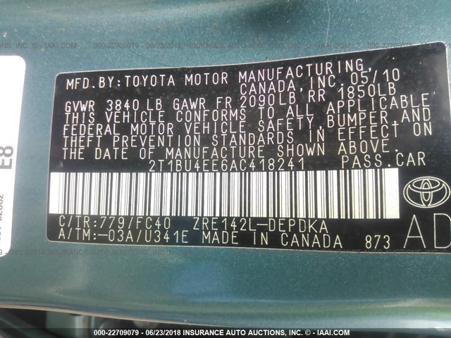 2T1BU4EE6AC418241 - 2010 TOYOTA COROLLA S/LE/XLE GREEN photo 9