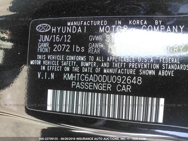 KMHTC6AD0DU092648 - 2013 HYUNDAI VELOSTER BLUE photo 9