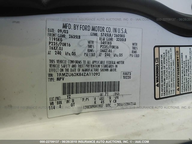 1FMZU63K84ZA11093 - 2004 FORD EXPLORER XLT/XLT SPORT/NBX 白色 照片 9