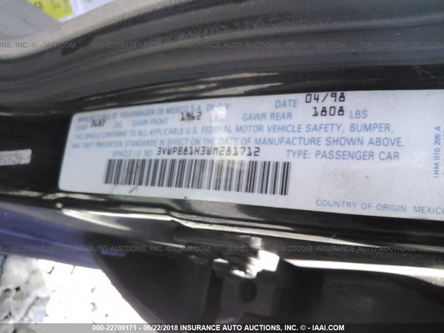 3VWPB81H3WM281712 - 1998 VOLKSWAGEN JETTA WOLFSBURG 黑色 照片 9