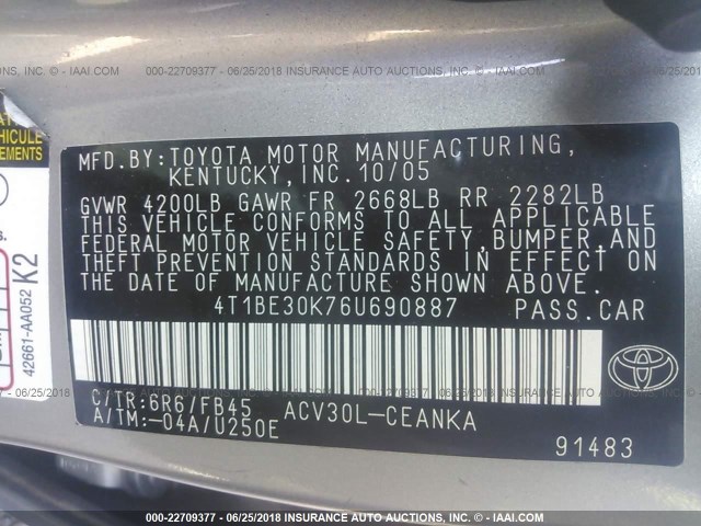 4T1BE30K76U690887 - 2006 TOYOTA CAMRY LE/XLE/SE 银色 照片 9