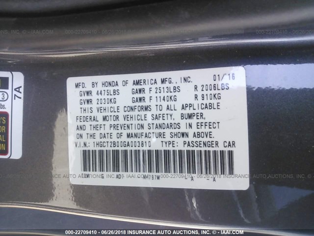 1HGCT2B00GA003810 - 2016 HONDA ACCORD TOURING GRAY photo 9