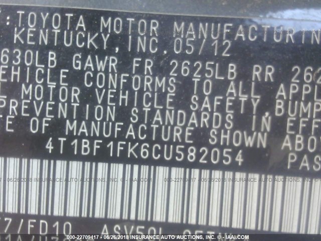 4T1BF1FK6CU582054 - 2012 TOYOTA CAMRY SE/LE/XLE 灰色 照片 9