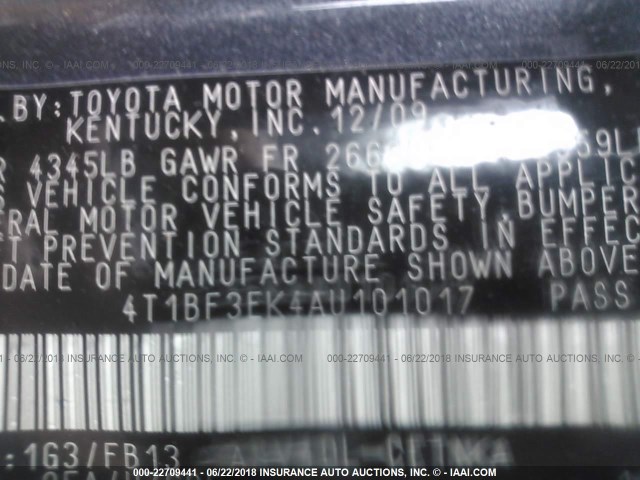 4T1BF3EK4AU101017 - 2010 TOYOTA CAMRY SE/LE/XLE 灰色 照片 9