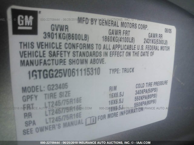 1GTGG25V061115310 - 2006 GMC SAVANA G2500 GRAY photo 9