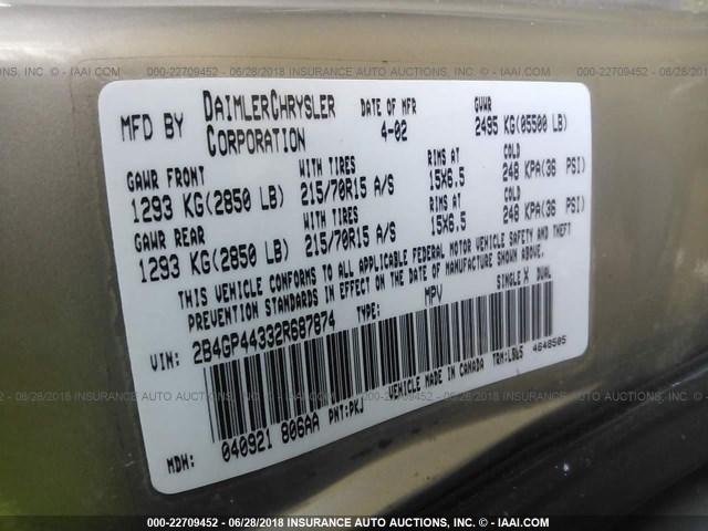 2B4GP44332R687874 - 2002 DODGE GRAND CARAVAN SPORT TAN photo 9