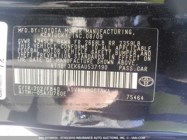 4T1BF3EK6AU537190 - 2010 TOYOTA CAMRY SE/LE/XLE BLACK photo 9