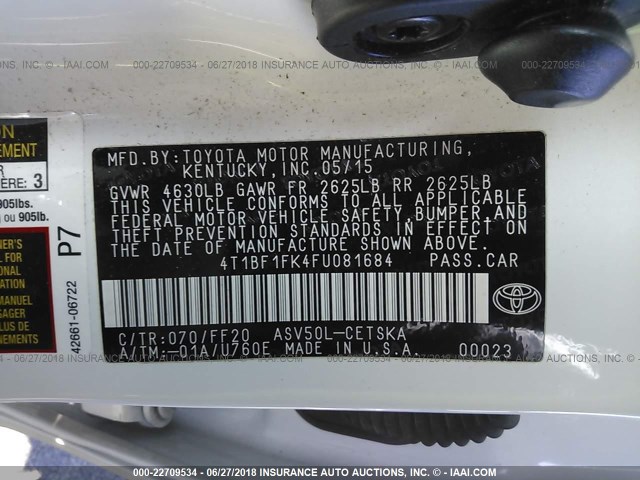 4T1BF1FK4FU081684 - 2015 TOYOTA CAMRY LE/XLE/SE/XSE WHITE photo 9