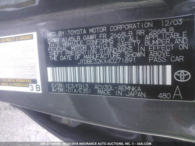 JTDBE32KX40271891 - 2004 TOYOTA CAMRY LE/XLE 灰色 照片 9