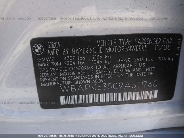 WBAPK53509A511760 - 2009 BMW 328 XI SULEV SILVER photo 9