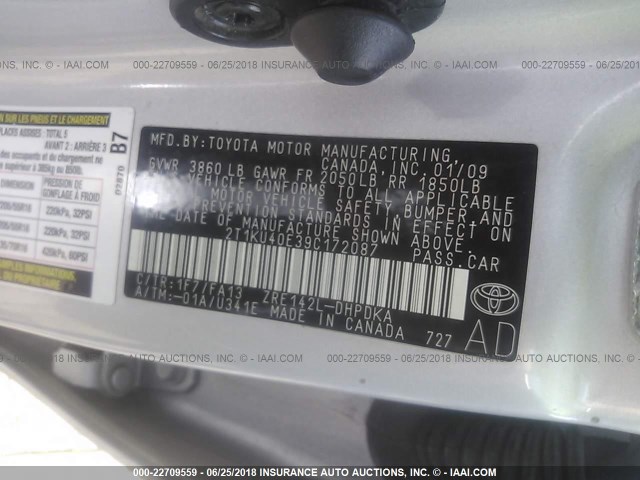 2T1KU40E39C172087 - 2009 TOYOTA COROLLA MATRIX  SILVER photo 9