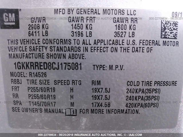 1GKKRRED8CJ175081 - 2012 GMC ACADIA SLT-1 SILVER photo 9