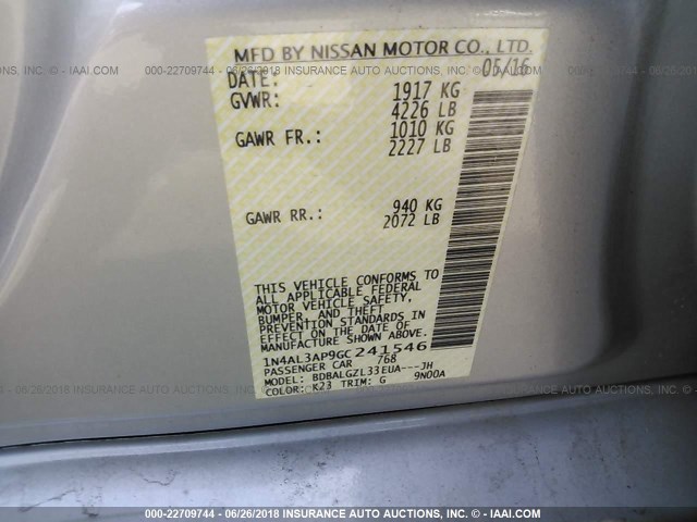 1N4AL3AP9GC241546 - 2016 NISSAN ALTIMA 2.5/S/SV/SL/SR SILVER photo 9