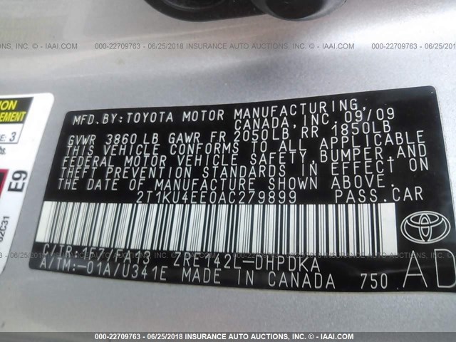 2T1KU4EE0AC279899 - 2010 TOYOTA COROLLA MATRIX  SILVER photo 9