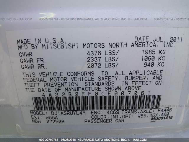 4A32B2FF0CE007061 - 2012 MITSUBISHI GALANT FE WHITE photo 9