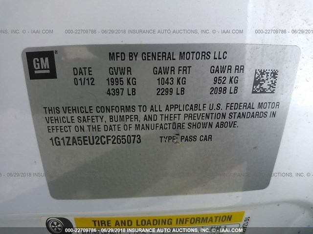 1G1ZA5EU2CF265073 - 2012 CHEVROLET MALIBU LS თეთრი ფოტო 9