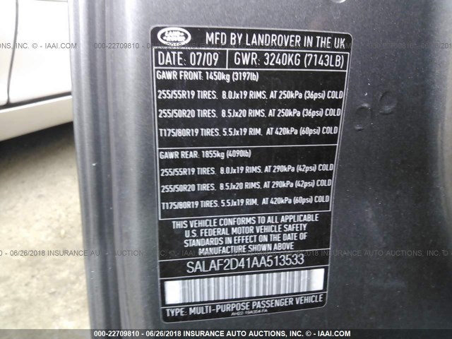 SALAF2D41AA513533 - 2010 LAND ROVER LR4 HSE GRAY photo 9