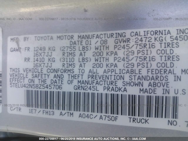 5TELU42N58Z545706 - 2008 TOYOTA TACOMA DOUBLE CAB ვერცხლისფერი ფოტო 9