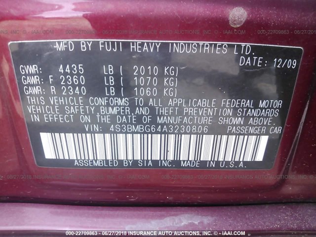 4S3BMBG64A3230806 - 2010 SUBARU LEGACY 2.5I PREMIUM MAROON photo 9