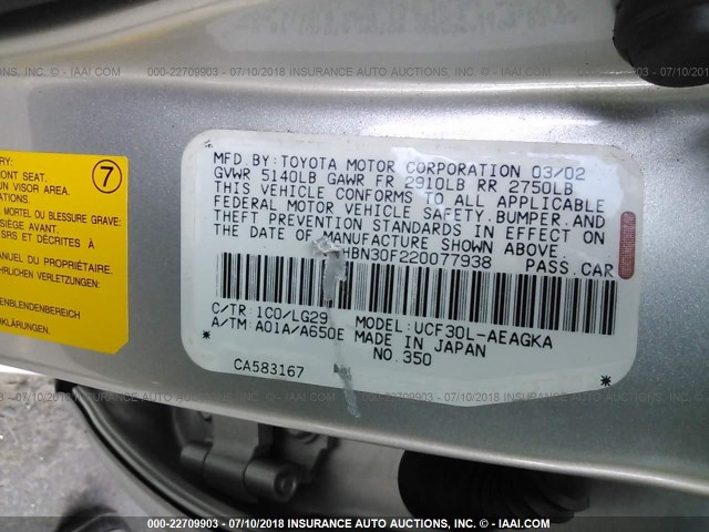 JTHBN30F220077938 - 2002 LEXUS LS 430 GRAY photo 9