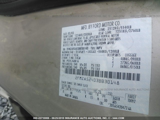 2FMZA52403BB30148 - 2003 FORD WINDSTAR SE GRAY photo 9