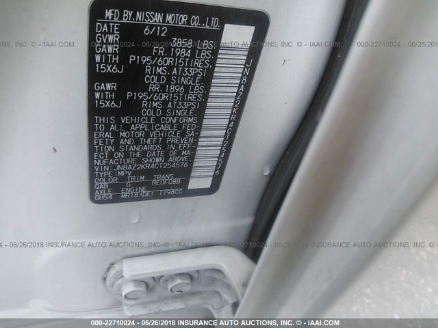 JN8AZ2KR4CT254576 - 2012 NISSAN CUBE S/SL/KROM WHITE photo 9