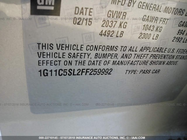 1G11C5SL2FF259992 - 2015 CHEVROLET MALIBU 1LT GOLD photo 9