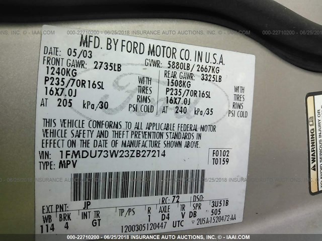 1FMDU73W23ZB27214 - 2003 FORD EXPLORER XLT/XLT SPORT/NBX 银色 照片 9