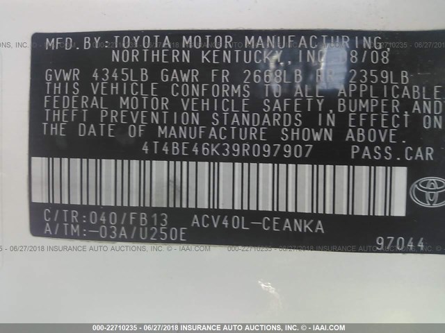 4T4BE46K39R097907 - 2009 TOYOTA CAMRY SE/LE/XLE 白色 照片 9