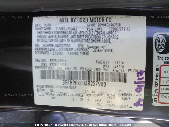 3FAHP0KC0AR227900 - 2010 FORD FUSION SPORT BLACK photo 9