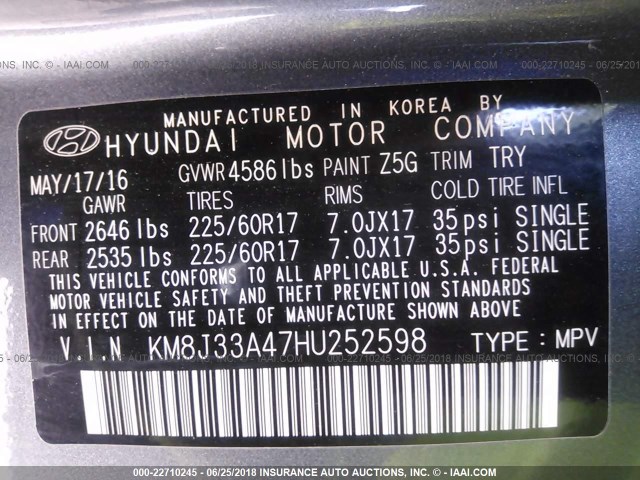 KM8J33A47HU252598 - 2017 HYUNDAI TUCSON LIMITED/SPORT AND ECO/SE GRAY photo 9